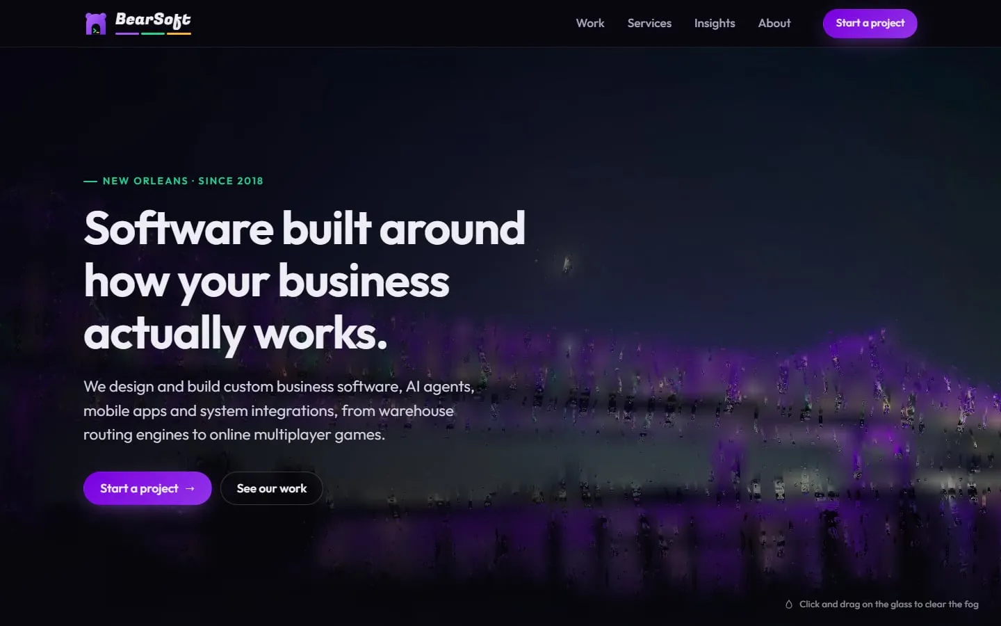 The BearSoft home page: "Software built around how your business actually works" over a rain-streaked night photo of the Crescent City Connection.