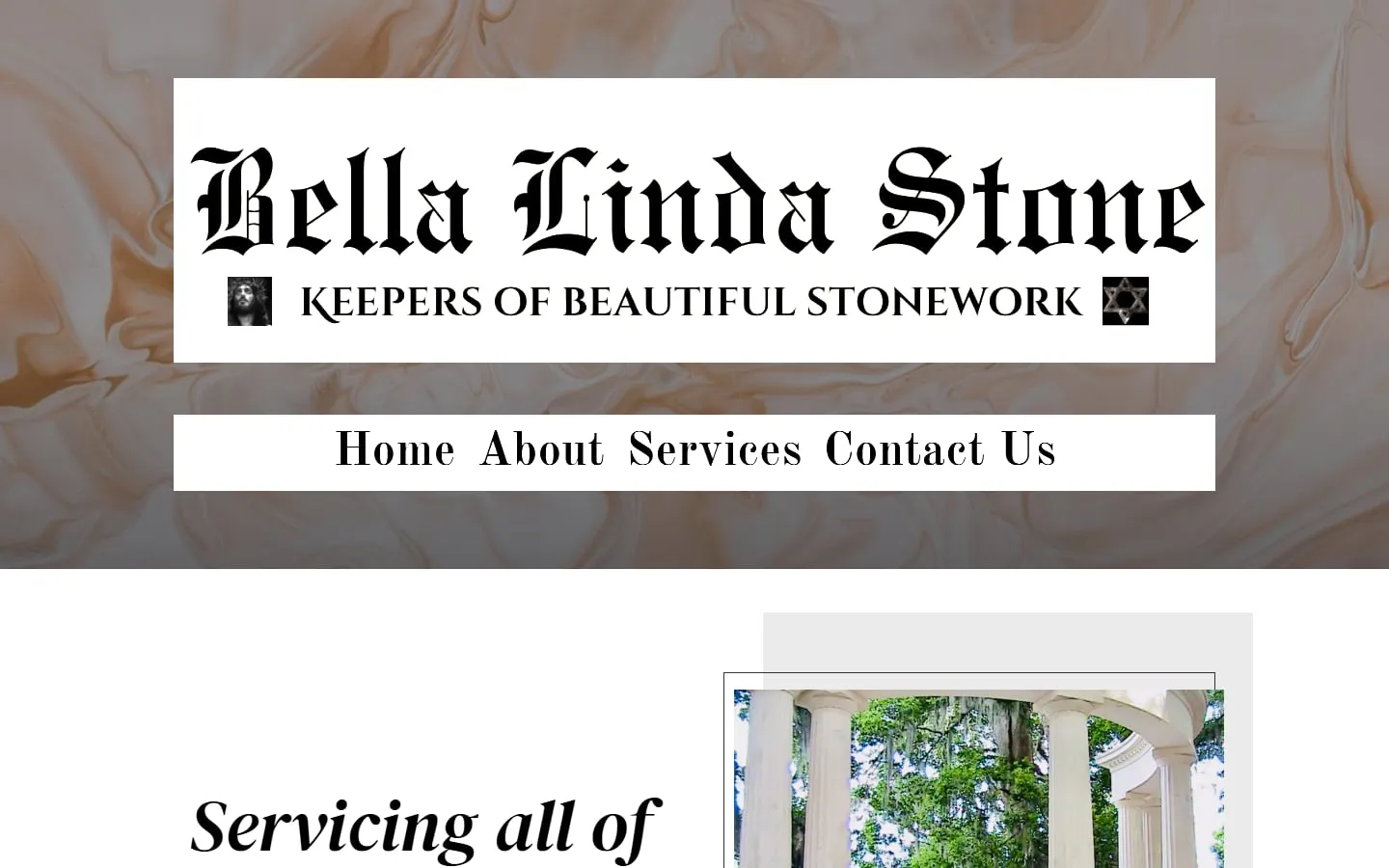 The Bella Linda Stone home page: the black-letter logo and "Keepers of Beautiful Stonework" over a marble background, above the line "Servicing all of Florida".