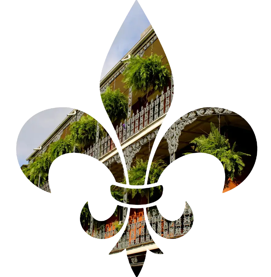 A fleur-de-lis filled with a French Quarter balcony, its iron railings hung with ferns.
