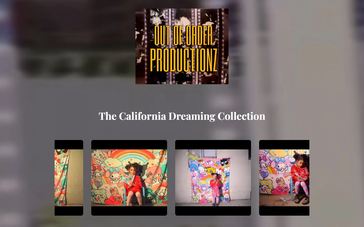 The Out of Order Productionz home page: the gold-on-black film-strip logo above "The California Dreaming Collection" and a row of photos from the shoot.